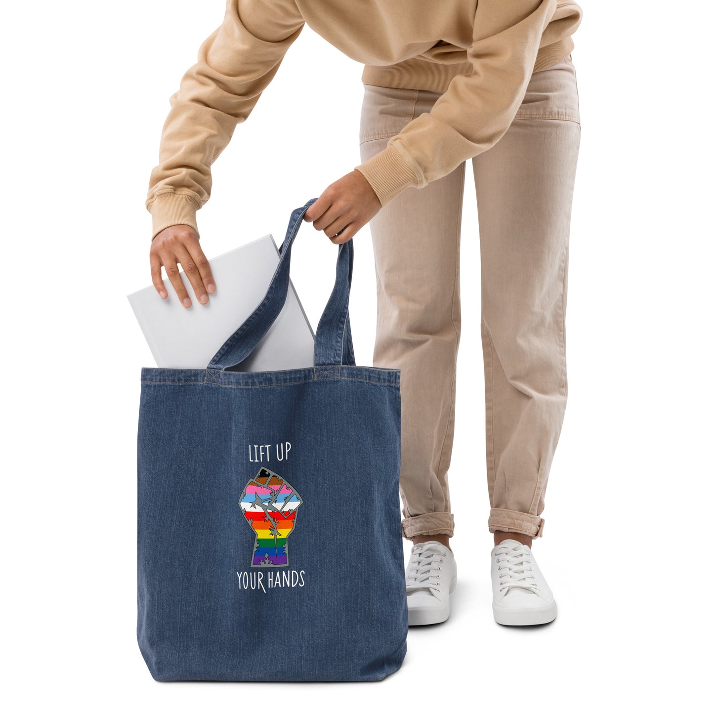 Lift Up Your Hands organic denim tote bag